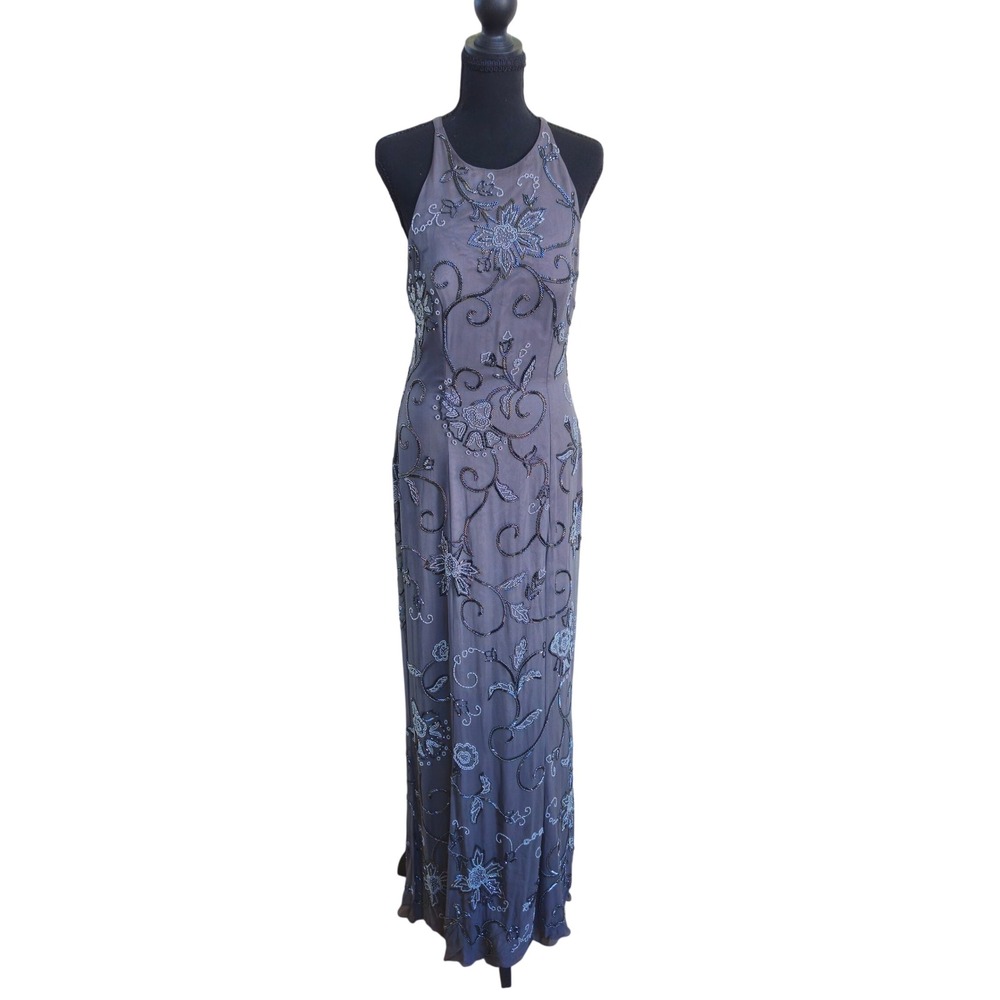 Vintage Adrianna Papell Evening Gown 100% Silk Size 10 Bead Maxi Prom Open Back